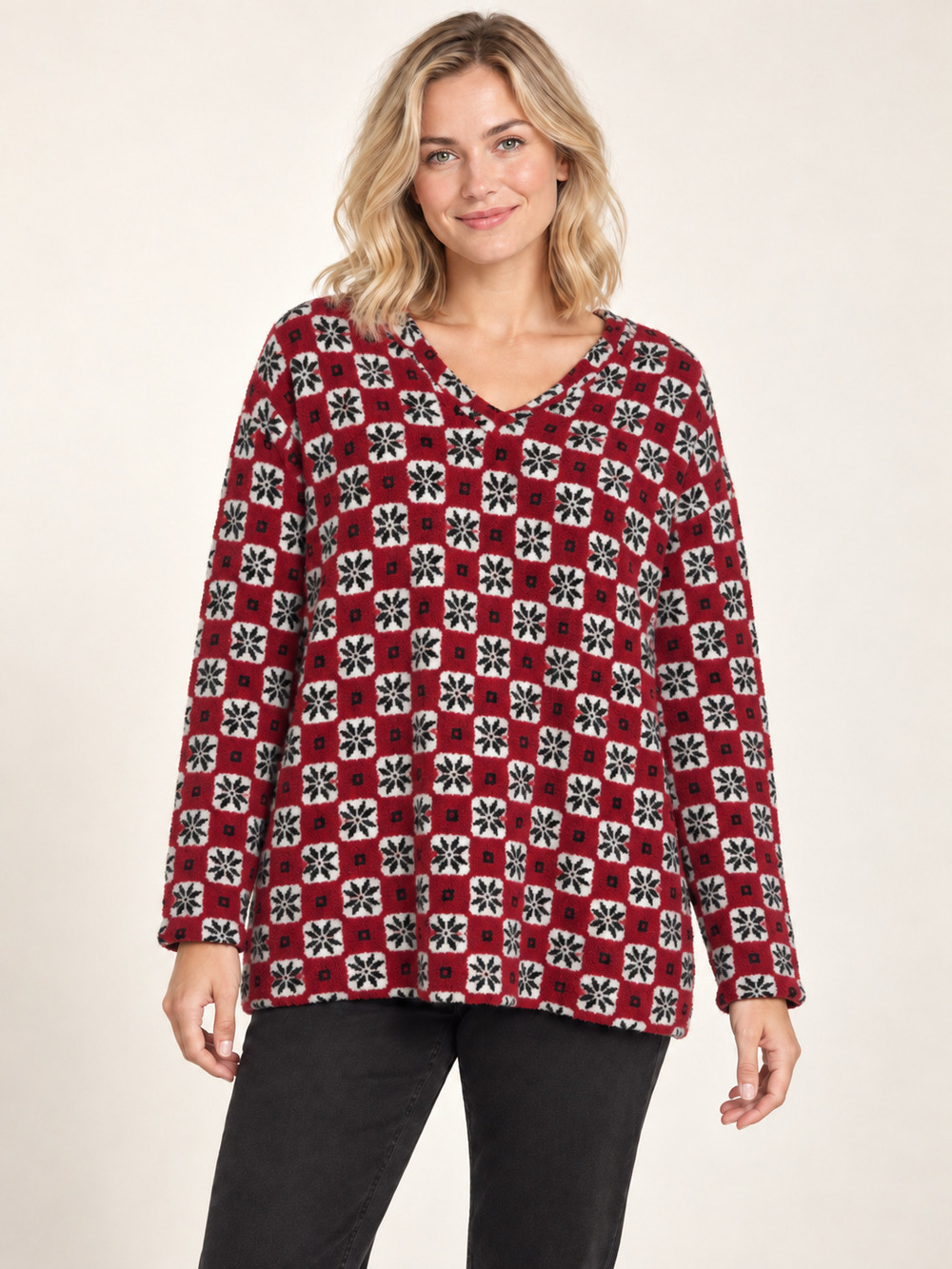 Lands' End Red White Black Floral Snowflake V Neck Sweater XL #A6056